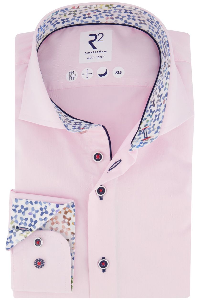 R2 casual overhemd mouwlengte 7 normale fit roze effen katoen