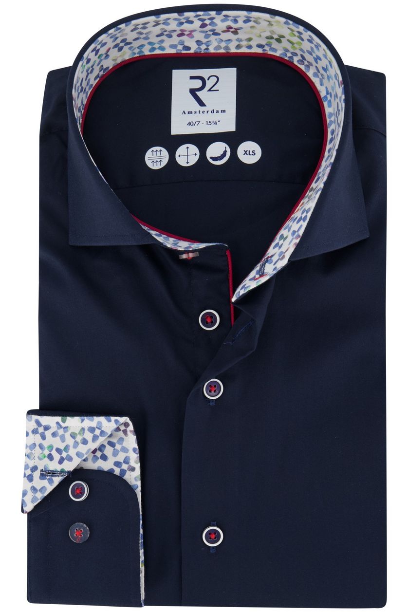R2 business overhemd normale fit donkerblauw effen katoen wide spread collar