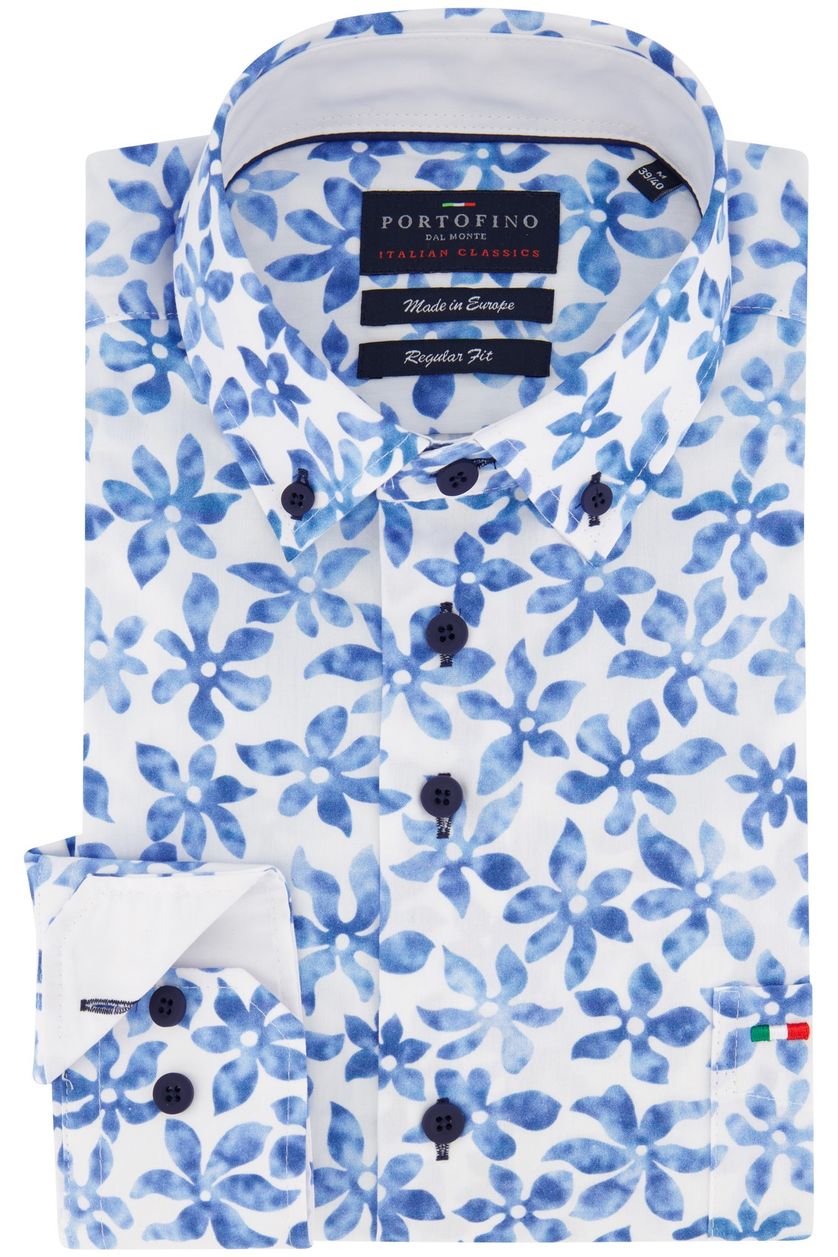 Geprint Portofino casual overhemd wijde fit wit blauw bloemen geprint katoen