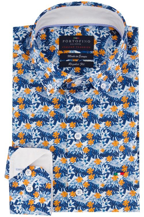 Portofino casual overhemd wijde fit blauw geprint 100% katoen