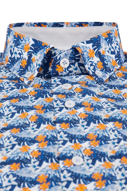 Portofino casual overhemd wijde fit blauw geprint 100% katoen