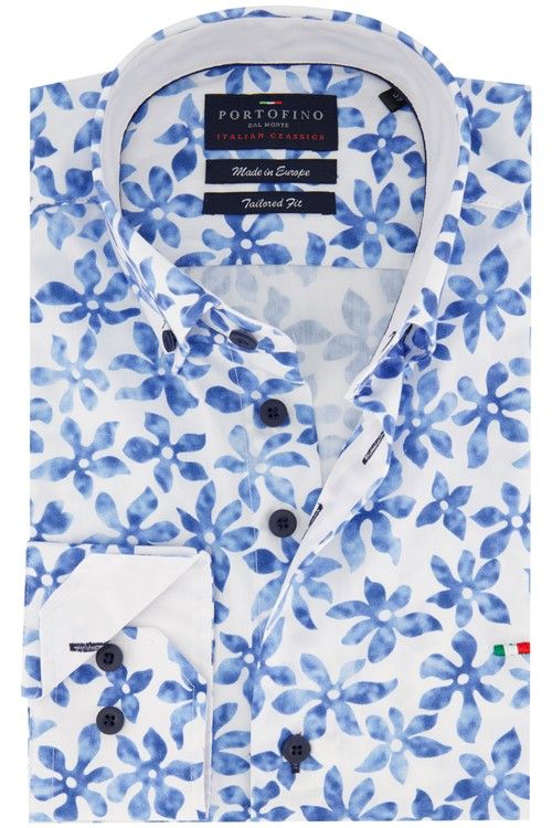 Portofino casual overhemd normale fit blauwe print katoen