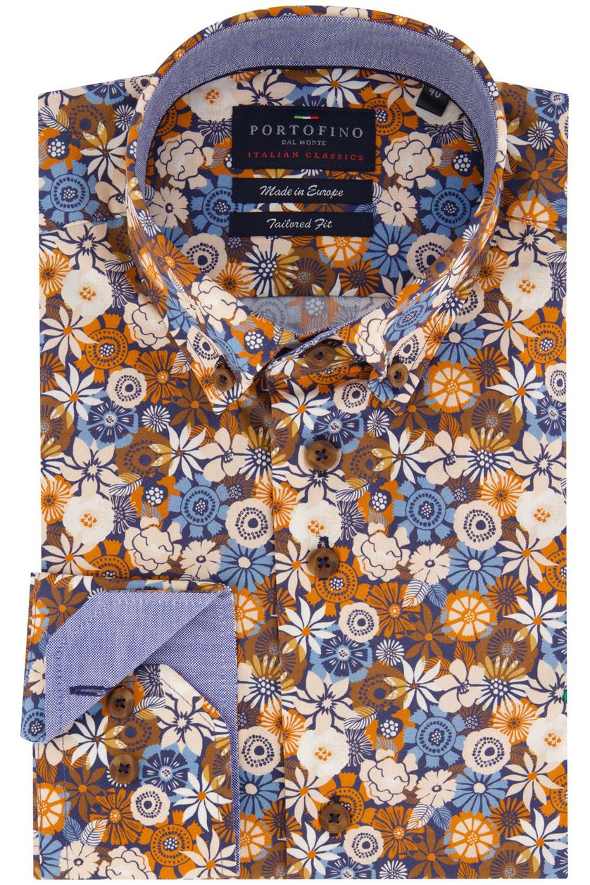 Portofino overhemd tailored fit blauw/bruin geprint