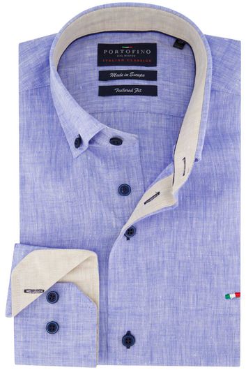 Portofino casual overhemd tailored fit blauw effen linnen