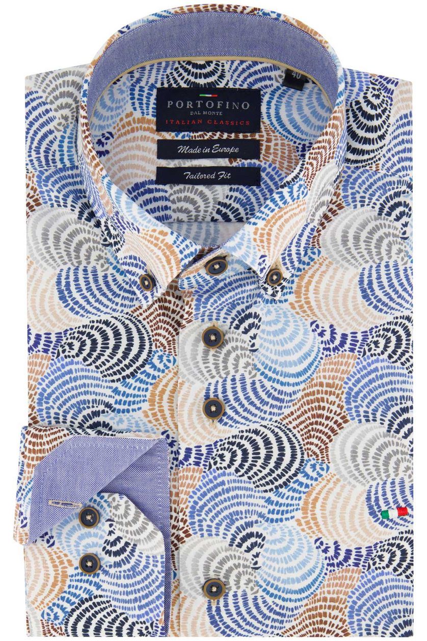 Portofino casual overhemd normale fit blauw bruin geprint katoen