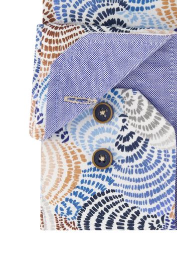 Overhemd Portofino tailored fit blauw bruin geprint katoen