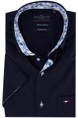 Portofino Portofino casual overhemd korte mouw wijde fit donkerblauw effen katoen met borstzak