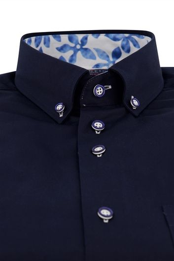 Portofino casual overhemd korte mouw wijde fit donkerblauw effen katoen met borstzak
