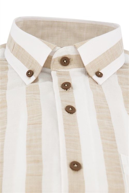 Portofino casual overhemd korte mouw wijde fit beige gestreept katoen en linnen
