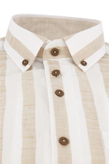 Portofino casual overhemd korte mouw wijde fit beige wit gestreept katoen