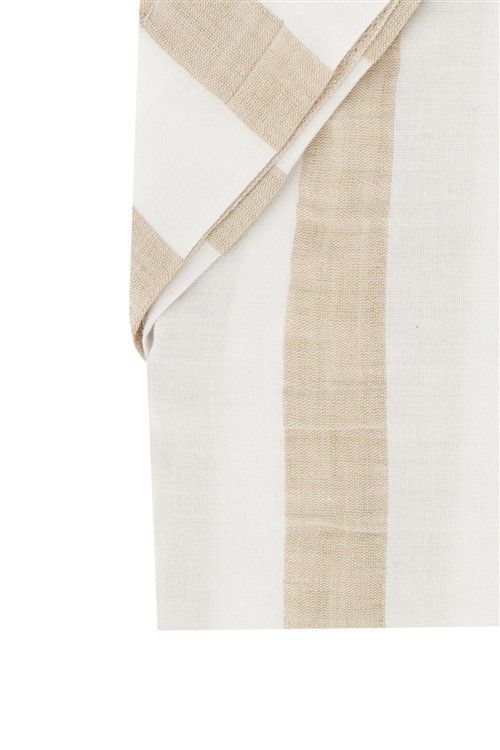 Portofino casual overhemd korte mouw wijde fit beige gestreept katoen en linnen