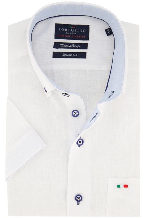 Portofino casual overhemd korte mouw regular fit wit effen linnen logo op borstzak
