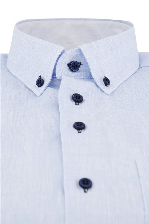 Portofino casual overhemd korte mouw regular fit lichtblauw effen linnen blauwe knopen