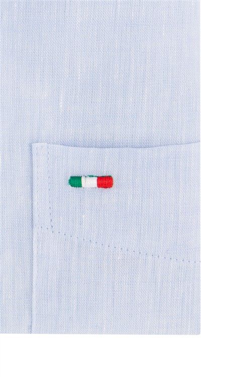 Portofino casual overhemd korte mouw regular fit lichtblauw effen linnen blauwe knopen