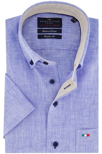 Portofino casual overhemd korte mouw regular fit blauw effen linnen