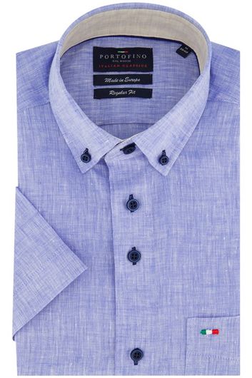 Portofino casual overhemd korte mouw regular fit blauw effen linnen