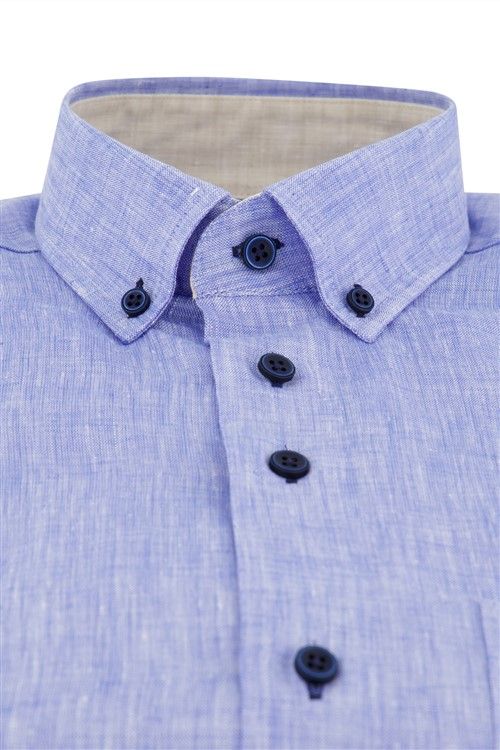 Portofino casual overhemd korte mouw logo op borstzak regular fit blauw effen linnen