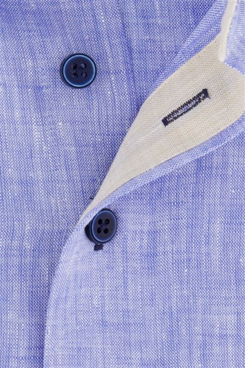 Portofino casual overhemd korte mouw logo op borstzak regular fit blauw effen linnen