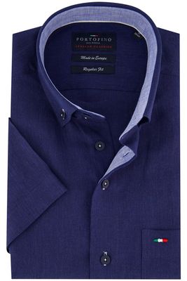 Portofino Portofino casual overhemd korte mouw regular fit donkerblauw effen logo op borstzak linnen