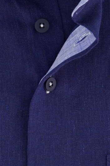 Portofino casual overhemd korte mouw regular fit logo op borstzak donkerblauw effen linnen