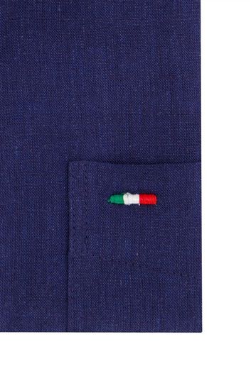 Portofino casual overhemd korte mouw regular fit donkerblauw effen linnen