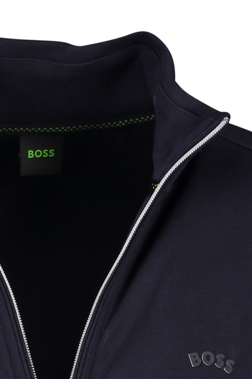 Hugo Boss vest Skaz donkerblauw effen katoen met logo opstaande kraag rits