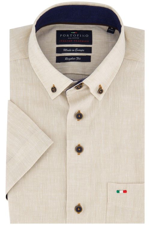 Portofino casual overhemd korte mouw wijde fit beige effen linnen button down boord
