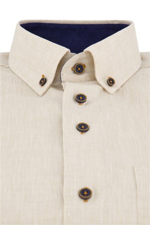 Portofino casual overhemd korte mouw wijde fit beige effen linnen button down boord