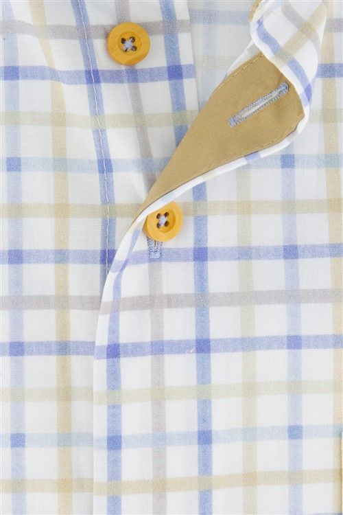 Portofino casual overhemd gele knopen korte mouw regular fit wit geruit katoen