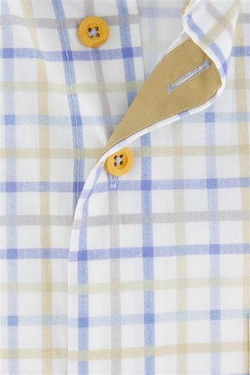 Portofino casual overhemd korte mouw regular fit wit geruit katoen gele knopen