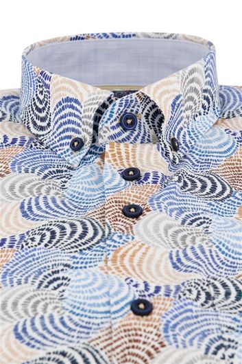 Portofino casual overhemd korte mouw regular fit blauw geprint katoen