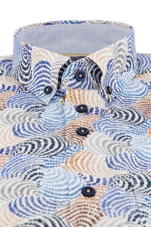 Portofino casual overhemd korte mouw regular fit blauw print schelpen katoen