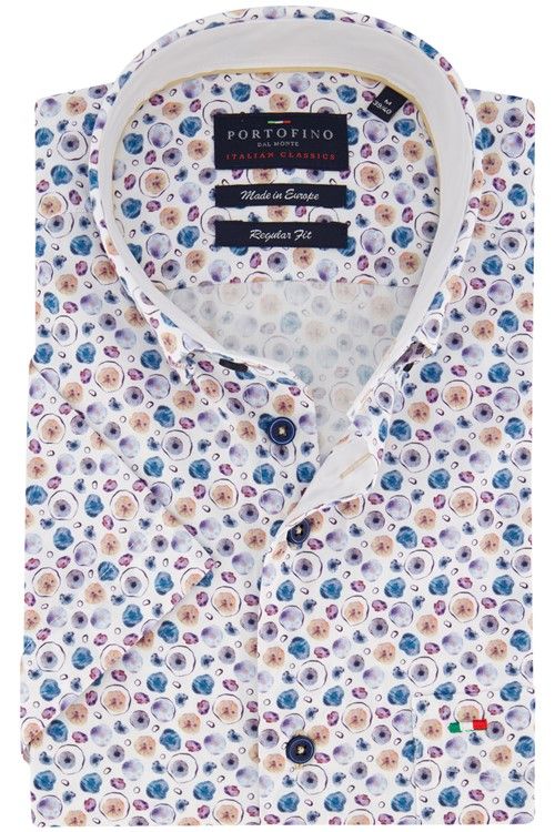 Portofino casual overhemd korte mouw regular fit wit multicolor geprint katoen button-down