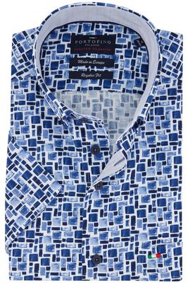 Portofino Portofino casual overhemd korte mouw regualr fit blauw wit blokken print katoen