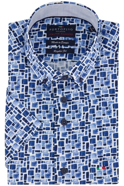 Portofino casual overhemd korte mouw regular fit wit blauw blokken print katoen