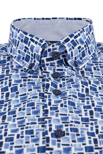 Portofino casual overhemd korte mouw regular fit blauw geprint katoen