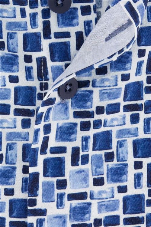 Portofino casual overhemd korte mouw regular fit wit blauw blokken print katoen
