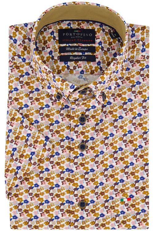 Portofino casual overhemd korte mouw regular fit bruin multicolor bloemen print katoen