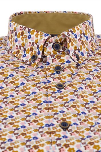 Portofino casual overhemd korte mouw regular fit bruin geprint katoen