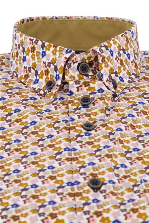 Portofino casual overhemd korte mouw regular fit bruin multicolor bloemen print katoen