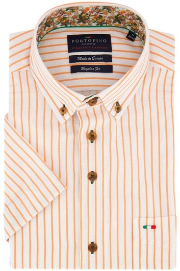 Portofino casual overhemd korte mouw regular fit oranje gestreept linnen