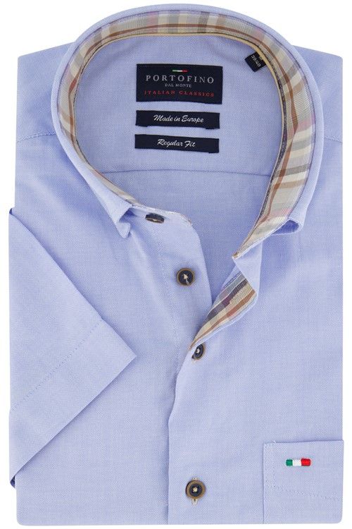 Portofino casual overhemd korte mouw borstzak regular fit lichtblauw effen katoen