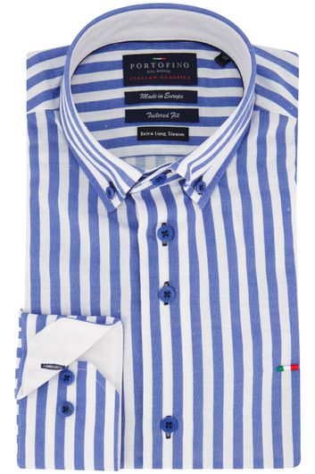 Portofino casual overhemd mouwlengte 7 normale fit blauw wit gestreept linnen