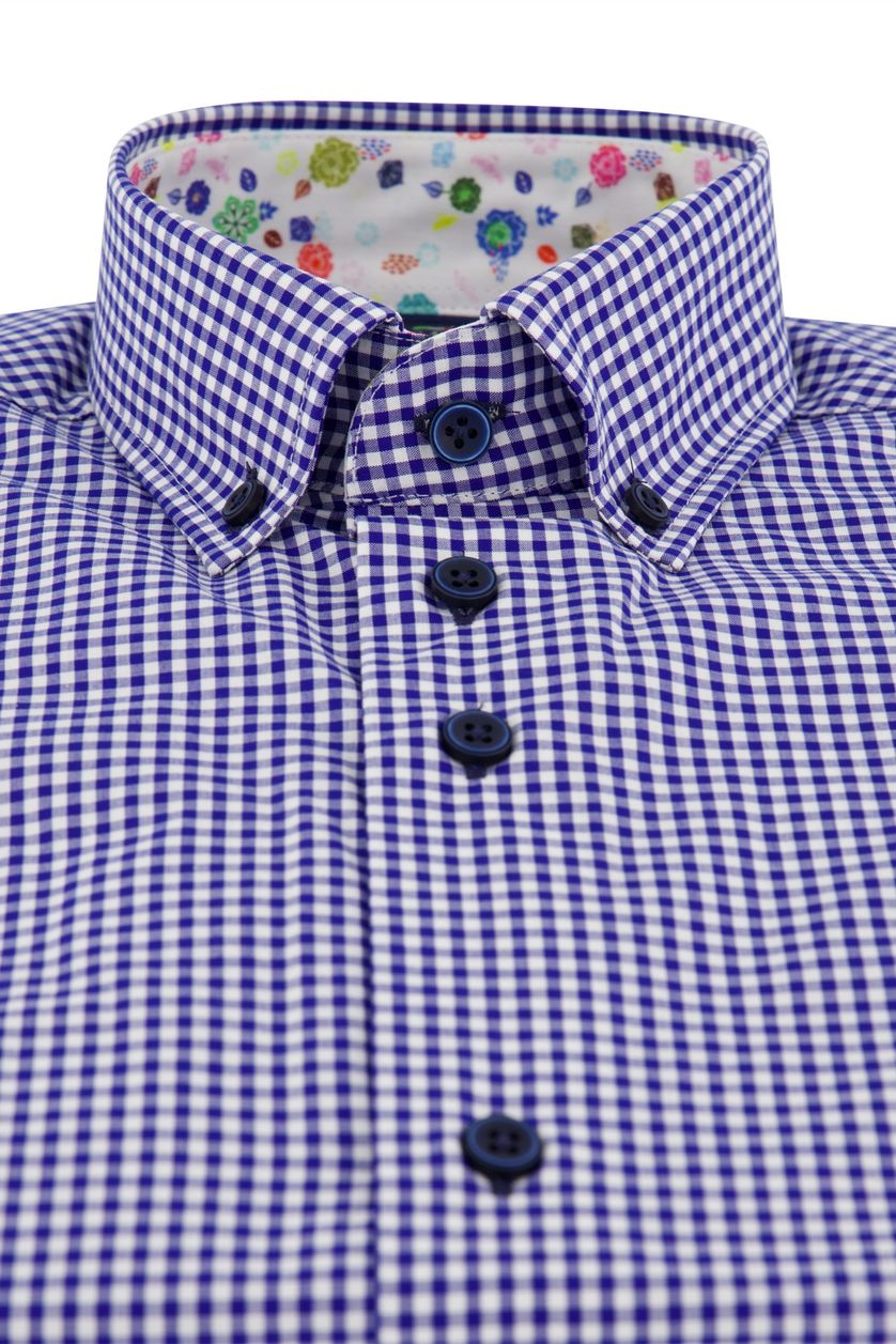 Portofino overhemd mouwlengte 7 tailord fit blauw geruit katoen