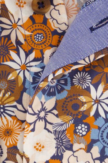 Portofino casual overhemd mouwlengte 7 tailord fit blauw geprint katoen 