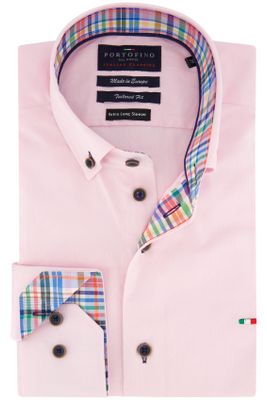 Portofino Portofino casual overhemd mouwlengte 7 tailord fit roze effen katoen