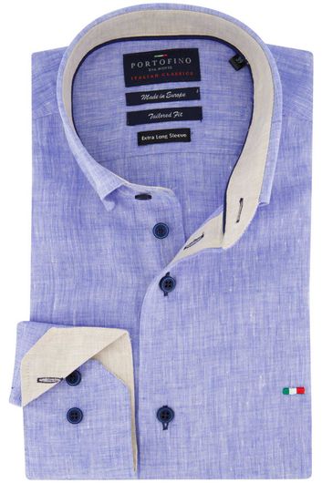 Portofino overhemd casual mouwlengte 7 normale fit blauw effen linnen