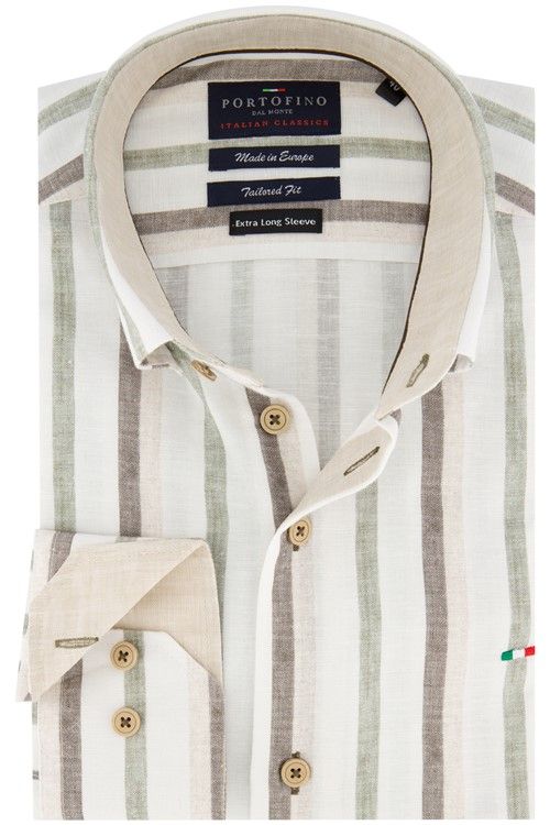 Portofino overhemd tailored fit beige/wit gestreept met button down  boord