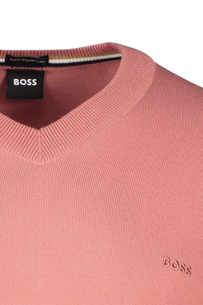 Hugo Boss trui roze effen 100% katoen v-hals 
