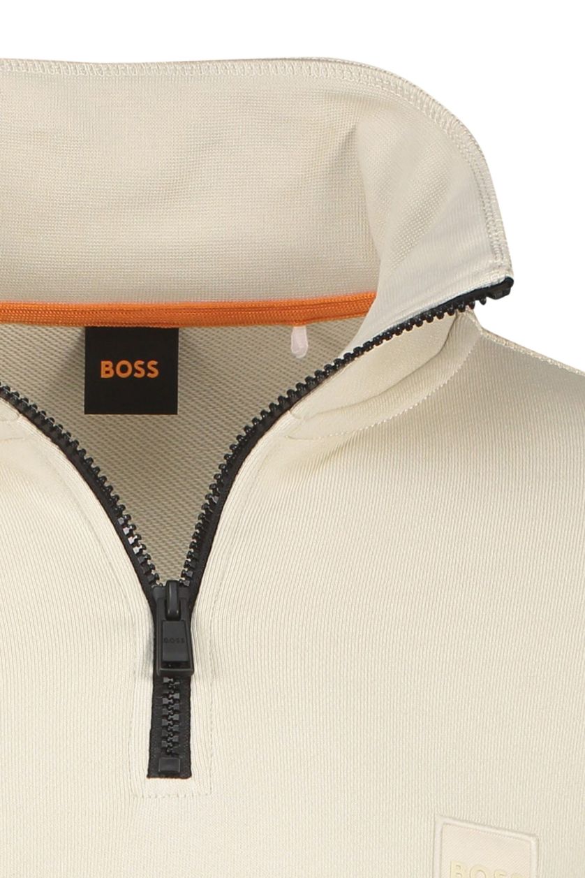 Hugo Boss sweater opstaande kraag met rits beige effen katoen